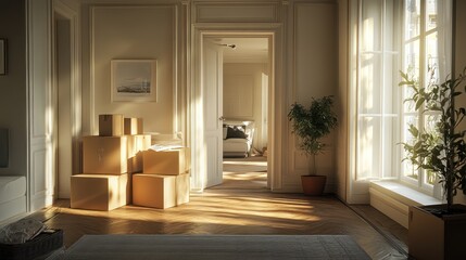 Sunlit apartment hallway, moving boxes, new home, unpacking, interior design
