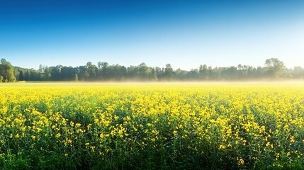 Obraz premium Vast field of yellow flowers under a clear blue sky.