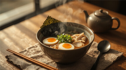 A delicious bowl of traditional Japanese ramen with soft-boiled eggs, dumplings, seaweed, and spring onions in a rich, hot broth. 