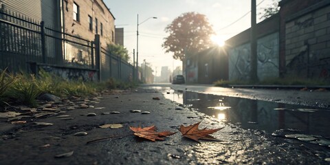 Autumn leaves on a city street at sunrise reflecting in a puddle