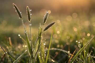 Morning Dew on Grass Blades with Golden Hour Sunlight