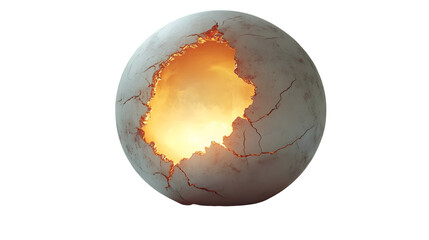Realistic image of a sphere cracking open to reveal a soft light source within, isolated on a pure Transparent background, symbolizing breakthrough, discovery, inner potential, revelation.