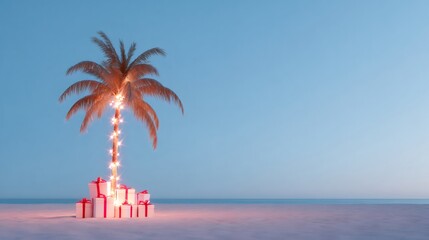 Tropical Christmas scene with palm tree decorated with lights on beach, surrounded by gift boxes. Holiday celebration concept.