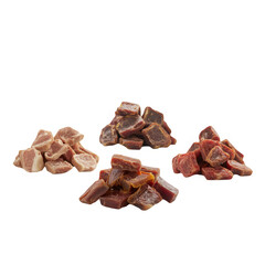 Three piles of assorted dried meat jerky pieces isolated on transparent background