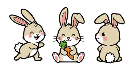 Adorable Cartoon Rabbits: A Trio of Cartoon Bunny Illustrations in Different Poses