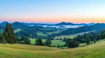 Lush valley at dawn, nestled amongst rolling hills.