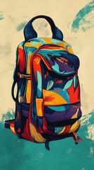 A colorful backpack with a blue strap