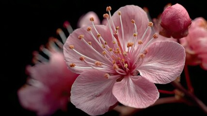 A close-up view of a delicate pink flower blooming against a dark backdrop, showcasing intricate details and beauty. - Powered by Adobe