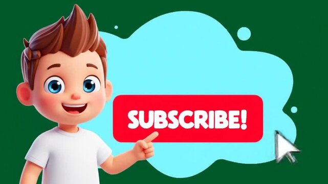 Cartoon Boy Pointing at Red Subscribe Button. Cute Vector Illustration for YouTube, Social Media, Kids Content, and Call-to-Action Graphics with Clean White Background