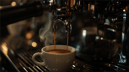 Espresso Pouring from Coffee Machine into White Cup in Low Light Café