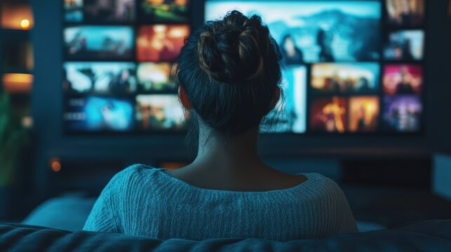 Woman relaxes at home watching streaming service on television in evening