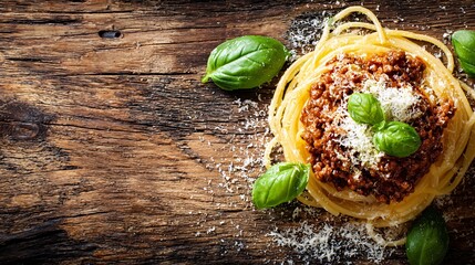 Gourmet Italian spaghetti bolognese with parmesan cheese, fresh basil leaves, rustic wooden table setting, space for text