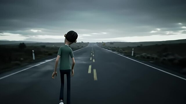Boy walks on a long straight road into the distance on a cloudy, overcast day