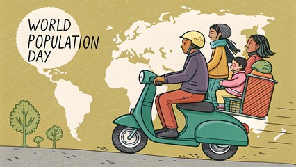 Urban life captured with family traveling on single two-wheeler.