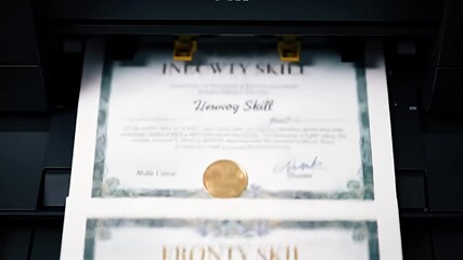 Fake certificate being printed in a dark printer, on crisp white paper