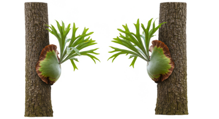 Isolated Transparent Staghorn Fern Epiphyte Green Foliage on Tree Background