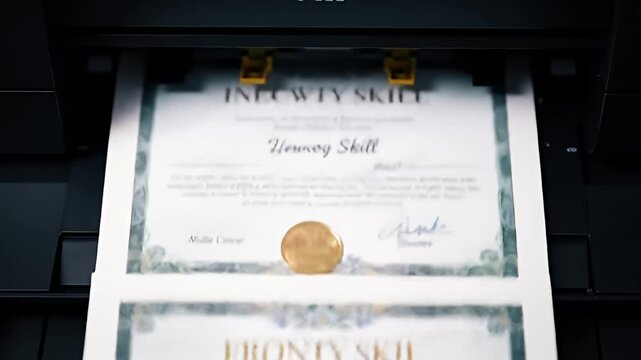 Fake certificate being printed in a dark printer, on crisp white paper