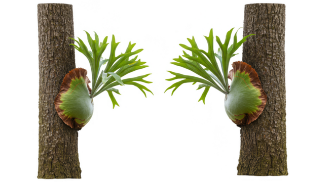 Isolated Transparent Staghorn Fern Epiphyte Green Foliage on Tree Background