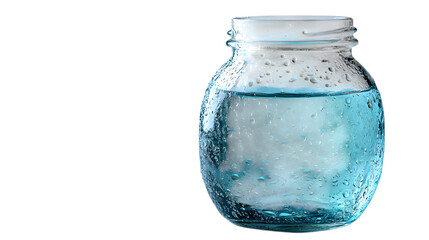 Realistic shot of a clear glass jar collecting falling raindrops (frozen mid-air), isolated on a pure Transparent background, representing water conservation, collection, purity, weather concept.