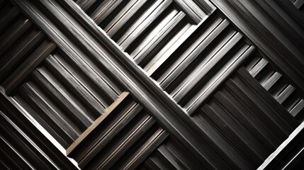 Interwoven metal bars create a diagonal, abstract pattern with strong light and shadows
