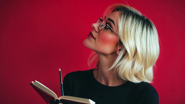 Thoughtful blonde woman reflecting while holding a red notebook in a cozy indoor space, Thoughtful Expression, Blonde Woman Thinking Then Writing Ideas On Notebook, Studio Red Background