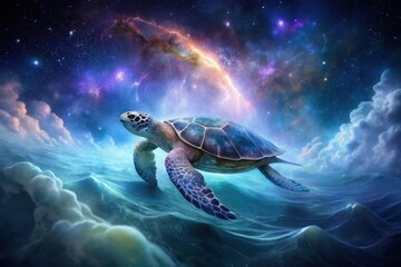 Obraz premium Celestial Sea Turtle A Mystical Journey Through Cosmic Waters and Dreamlike Clouds