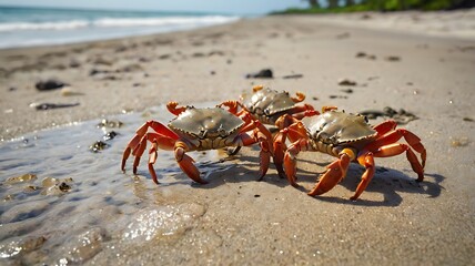 Crabs scuttling along a deserted beach on a tropical island, macro style