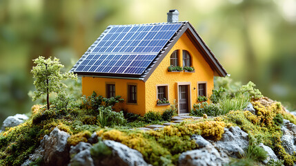 Hands placing miniature solar panels onto the roof of a small model house, isolated on a pure Transparent background, symbolizing renewable energy adoption, home efficiency.