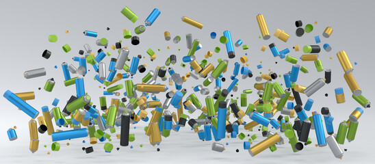 Lots of flying spray paint cans on white background. Spray bottle and dispenser © boule1301