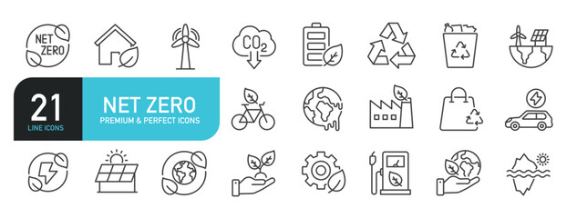 Set of line icons related to net zero, ecology, environment. Outline icons collection. Editable stroke. Vector illustration