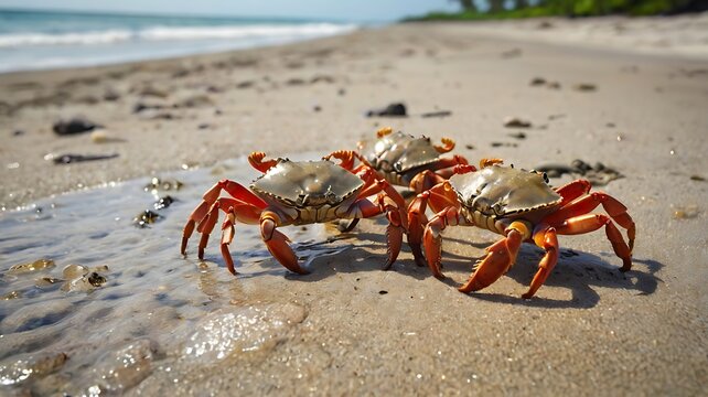 Crabs scuttling along a deserted beach on a tropical island, macro style