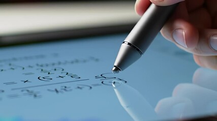 Silver stylus pen on digital tablet displays math equations, held by a human hand - Powered by Adobe