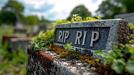 Close-up of a weathered gravestone with the inscription RIP.