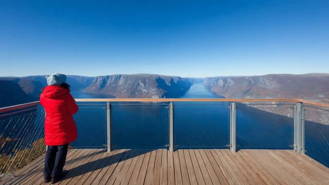 Woman in Red Jacket Admiring the Majestic Hardangerfjord from Stegastein Viewpoint