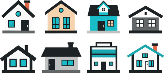 8 Minimal Flat-Style House Icons – color Vector Set on White Background.