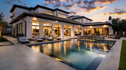 3d rendering of modern cozy house with pool and parking for sale or rent in luxurious style and beautiful landscaping on background. Clear summer night with many stars on the sky.
