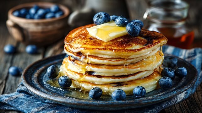 Popular American breakfast pancakes stack with maple syrup, butter melting, blueberries, rustic brunch setup, space for headline