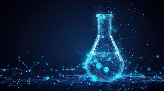 Glowing Erlenmeyer Flask, digital lab, network background, scientific research