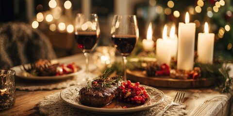 Lit candles on a wooden table with a plate of gourmet food and a glass of red wine, evening setting.