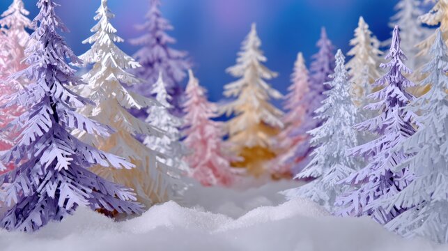 Vibrant, pastel-colored paper trees in a snowy landscape create a whimsical winter scene against a soft blue sky. - Powered by Adobe