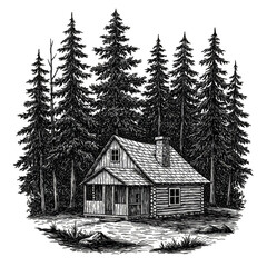 Illustration Cabin in Forest Trees Woods House with Transparent Background