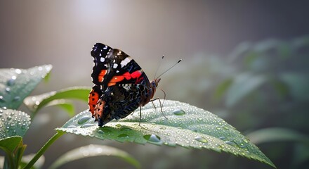 Butterfly with Red Stripe Perched on Dewy Green Leaf in Sunlight