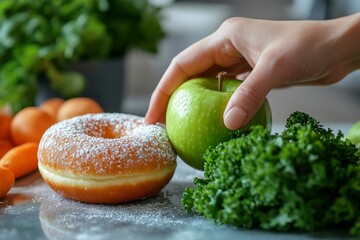 Woman on a dieting journey for better health. Close-up of her hand pushing aside her favorite donut in favor of selecting a green apple and vegetables for a healthier option, Generative AI