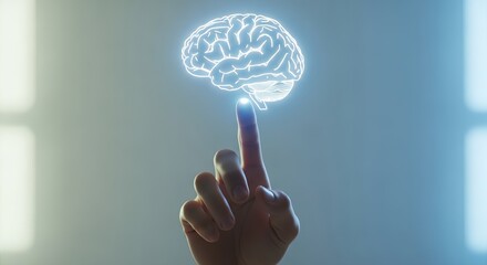 A finger touching a glowing brain hologram against a blurred background with soft window light effect