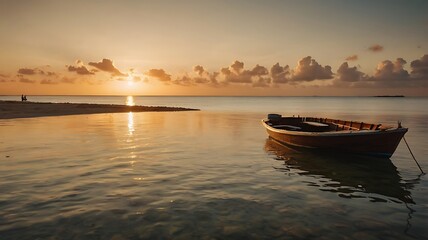 Fototapeta premium Cuban beach at golden hour, classic boat in silhouette on still waters, warm vintage lighting, retro beach vibe