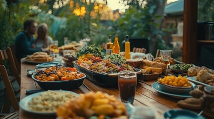 Couple enjoys sunset dinner party, abundant food, outdoor patio