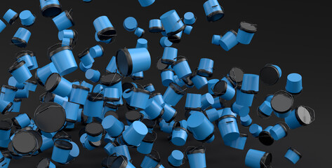 Many of flying plastic cans or buckets on black background. © boule1301