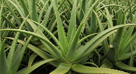 Obraz premium Lush Aloe Vera Plantation Vibrant Green Succulents Under Natural Light.