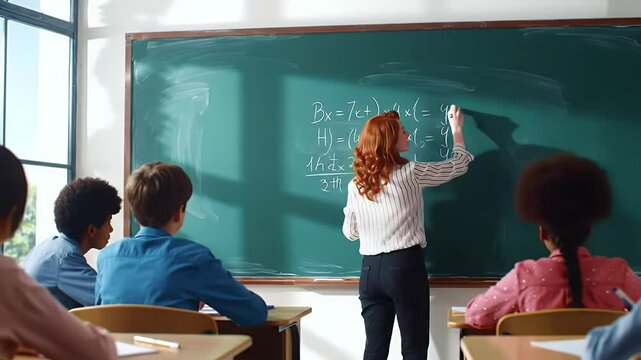 Classroom scene with teacher writing math on a chalkboard, viewed from back