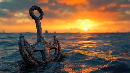 Fototapeta premium Rusty anchor sunset ocean water sailboat background hope